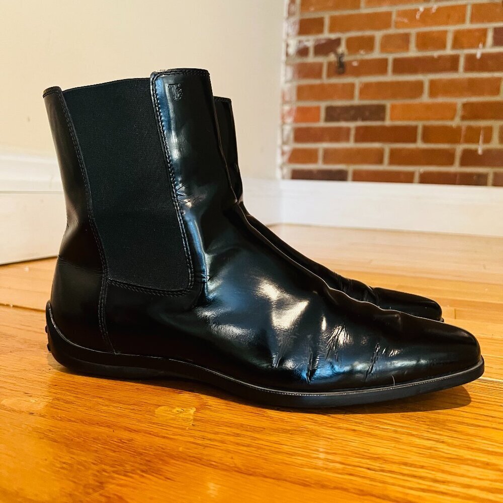 Tod's Patent Leather Black Round Toe Rain Boots Made In Italy Size 8.5